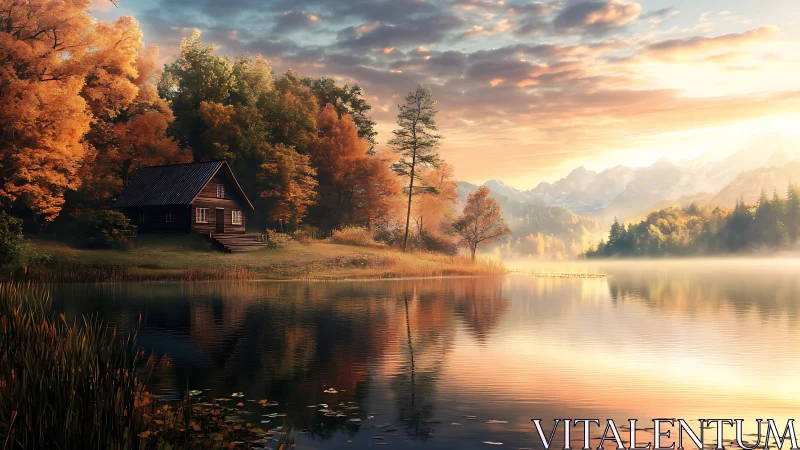 Golden lakeside cabin glowing beneath a gentle autumn sky.