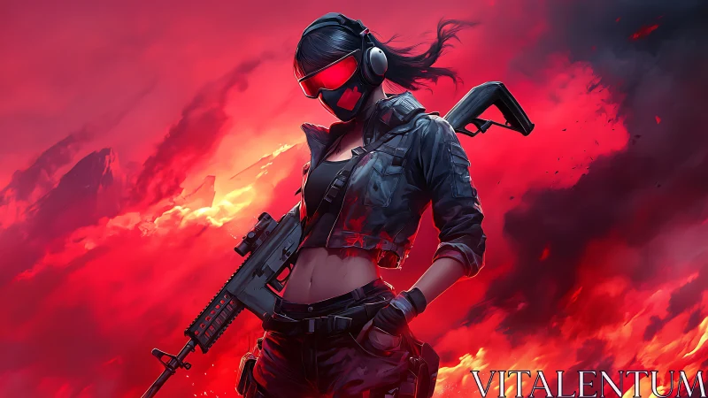 Cyberpunk sniper stands defiant in blazing crimson storm