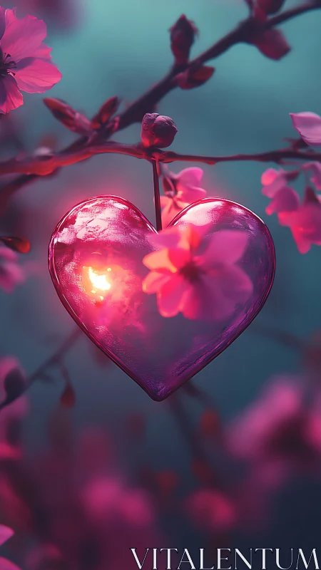 Luminescent heart form suspended among flowering branches