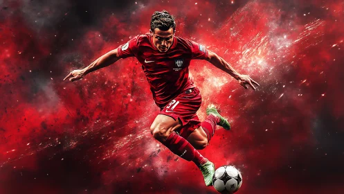 Dynamic red footballer in mid air kick against nebula field.