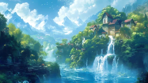 Terraced cliff village with cascading waterfalls under alpine peaks