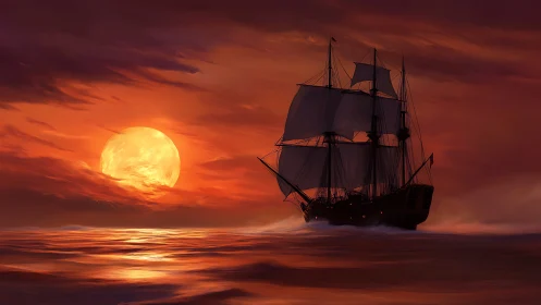 Tall ship gliding through a glowing crimson sunset sea.