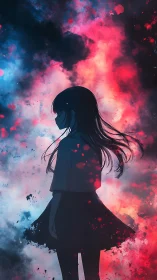 Silhouetted anime girl stands amid vibrant cosmic clouds.