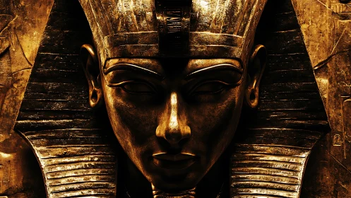 Golden Egyptian pharaoh mask in dramatic frontal closeup.