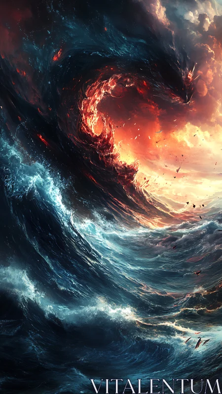 Elemental vortex of fire and ocean in cinematic collision.