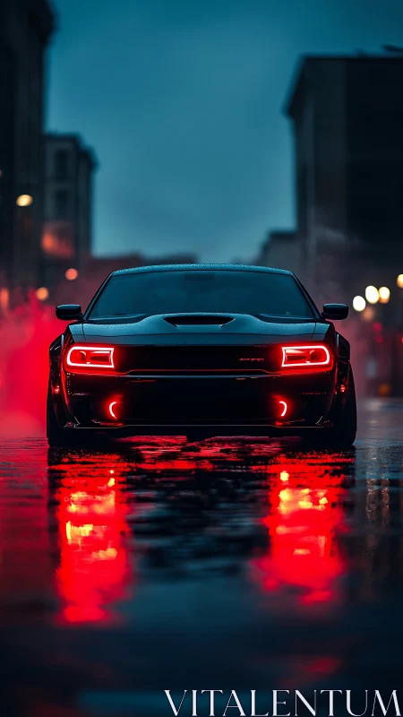 Black muscle car with red neon lights on wet city street.