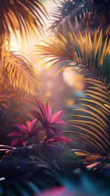 Sunlit tropical foliage glows in dreamy sunset haze