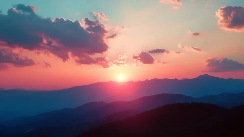 Sun descends over layered mountain ridges and distant clouds