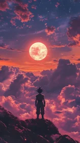 Stargazing warrior under a molten candy moonrise sky.