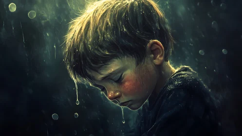 Sad wet boy in rain with downward gaze in profile.