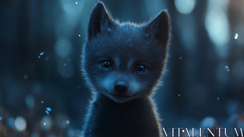 Young blue-lit fox in soft forest bokeh at night.