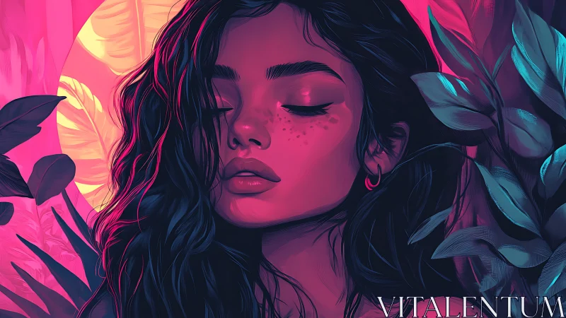 Moonlit botanicals cradle a neon dreamer in soft silence