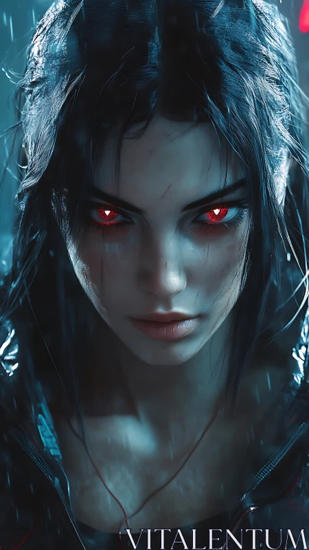 Cyberpunk woman with glowing red eyes confronts the rain