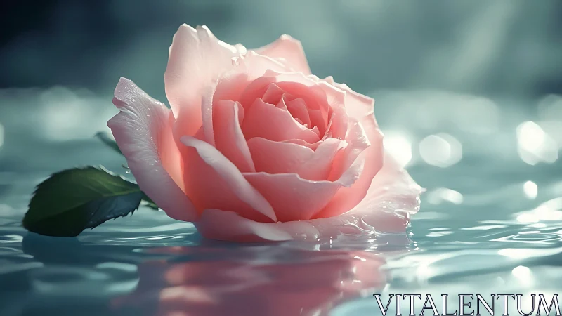 Coral pink rose floating on reflective water with backlit atmospheric bloom.