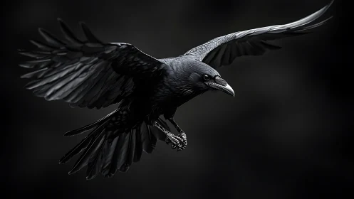 Raven in mid-flight rendered with dramatic low key contrast lighting