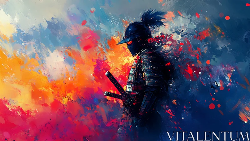 Solitary samurai silhouette amid explosive color storm.