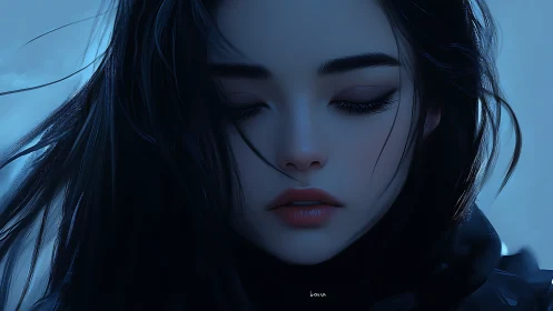 Melancholic female portrait in cool cyan cinematic lighting