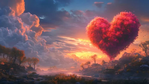 Crimson heart cloud floats in golden sunset sky.