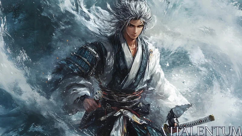 Storm-forged samurai warrior with twin katanas.