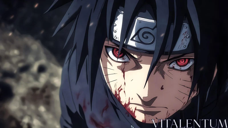 Injured anime warrior stares forward with intense red eyes