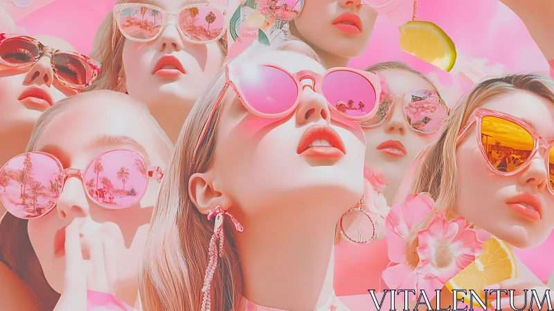 Multiple reflected portraits organize within saturated pink tones