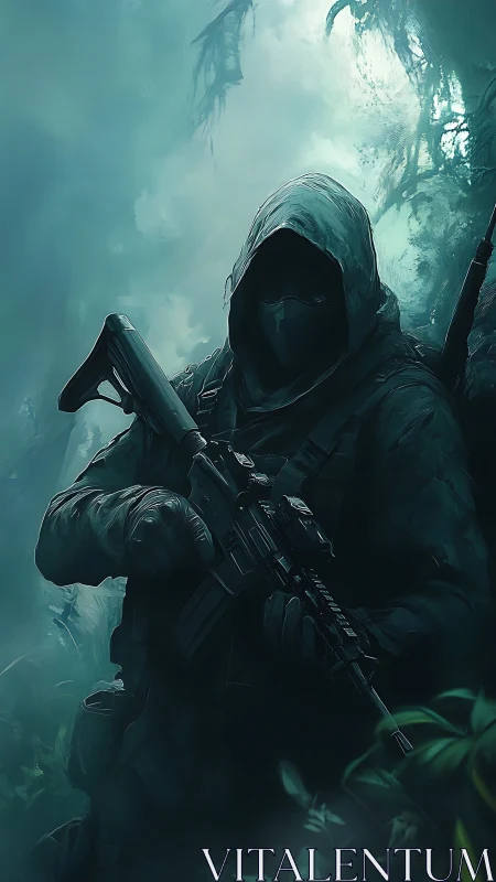 Hooded tactical operative in misty teal jungle environment.