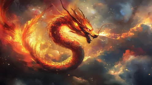Fiery serpentine dragon unleashes blazing breath across sky