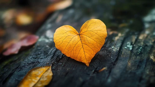 Heart-shaped golden leaf rests on weathered dark wood surface