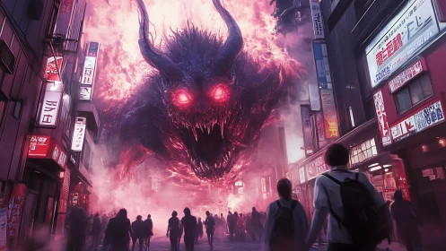 Gigantic flaming demon erupts over neon city street at night.