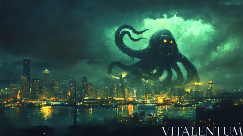 Colossal tentacled monster looms over neon-drenched harbor city