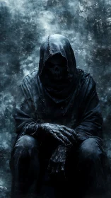 Hooded reaper seated in icy, smoke filled darkness.