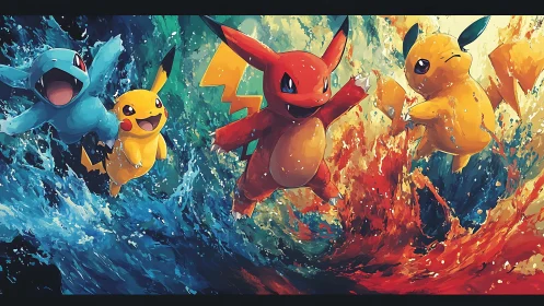 Dynamic elemental creatures in splashing water and fire vortex