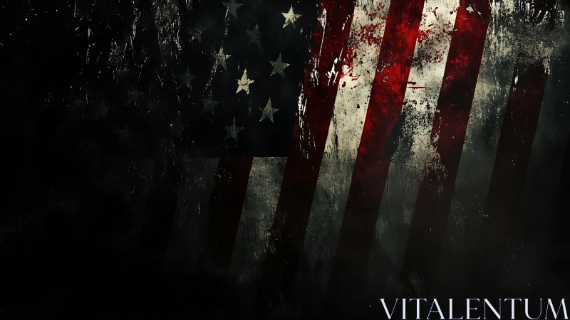 Distressed American flag dissolves into dark textured shadows