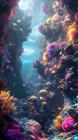 Vertical coral canyon with bioluminescent reef fauna lighting