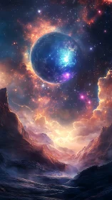 Glowing cosmic planet rising above a misty alien valley.