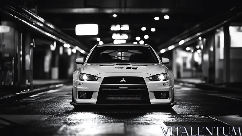 Tuned white Mitsubishi Evo waits under moody city lights