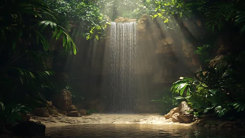 Sunlit jungle waterfall spilling into secluded sand pool.