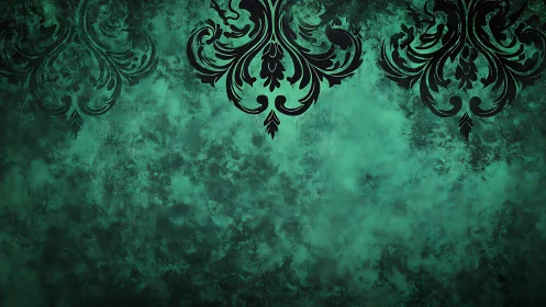 Ornamental black damask motifs on textured teal background.