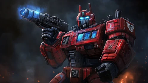 Battle-ready red mech warrior stands in smoky neon gloom