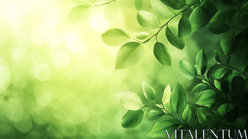 Green foliage branches on defocused light background.