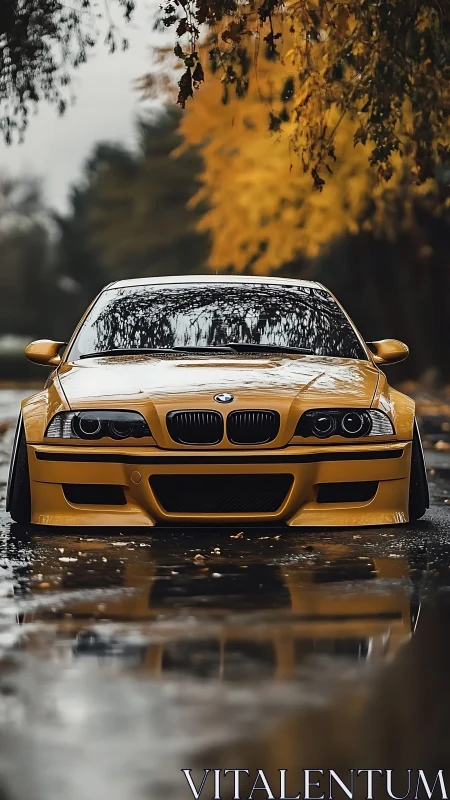 Golden BMW M3 stands low against reflective autumn street.
