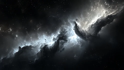 Digital nebula fracture in high-contrast monochrome space field.