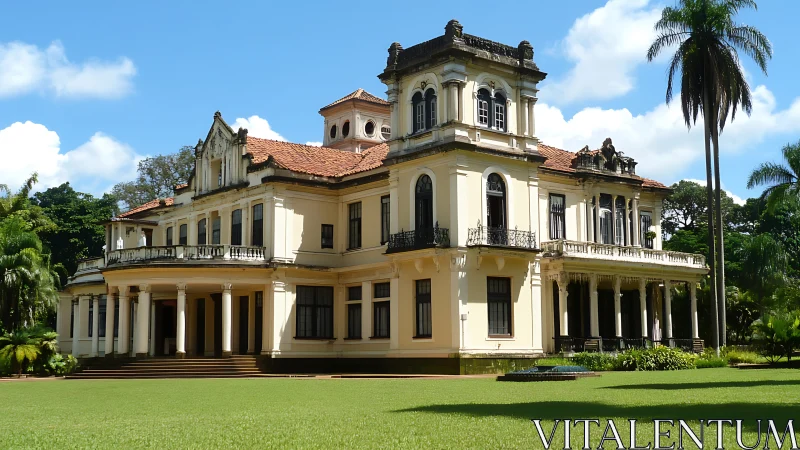 Sunlit mansion leans into the lawn like a poised storyteller