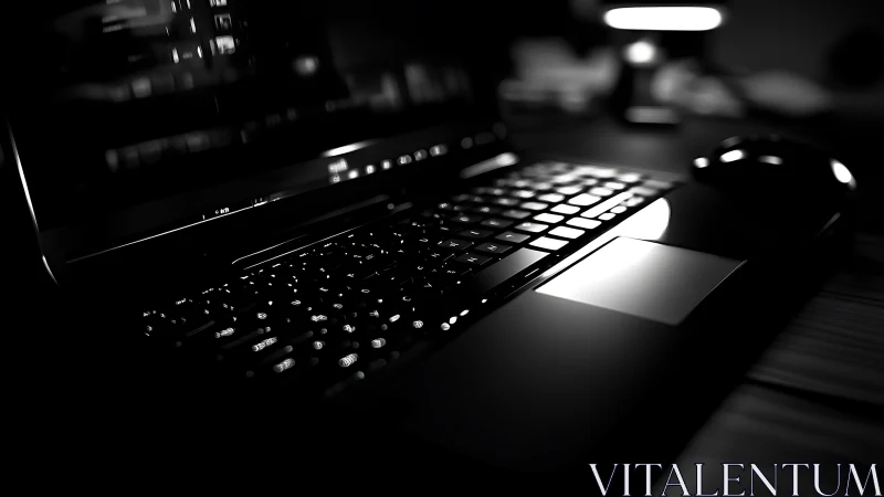 Low-key monochrome laptop keyboard with reflective trackpad.