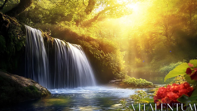 Digital painting of sunlit forest waterfall and flora cascade.