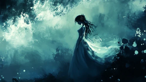 Solitary woman walks through a storm of swirling teal light