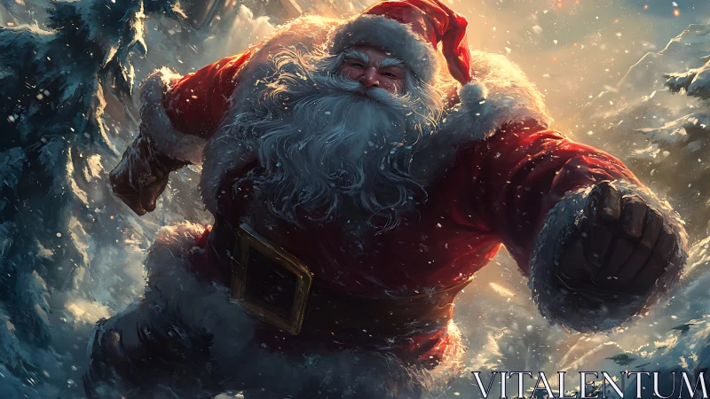 Dynamic Santa charges through glowing winter blizzard.