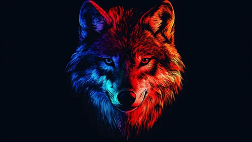 Neon wolf portrait split by cool blue and hot red light.