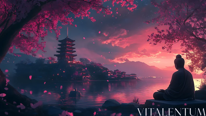 Monk watches pagoda island under vivid pink sunset sky