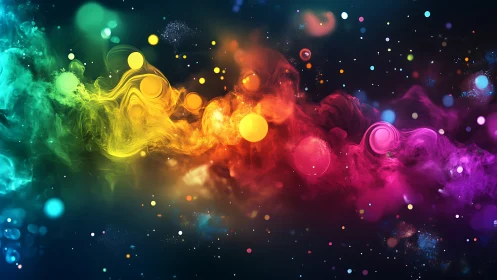 Colorful cosmic swirl of light, mist, and playful orbs.